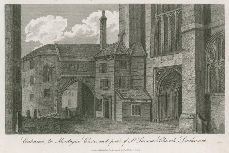 A Montague Close bejárata és a St Saviors Church része, Southwark, Surrey alkotó: English School