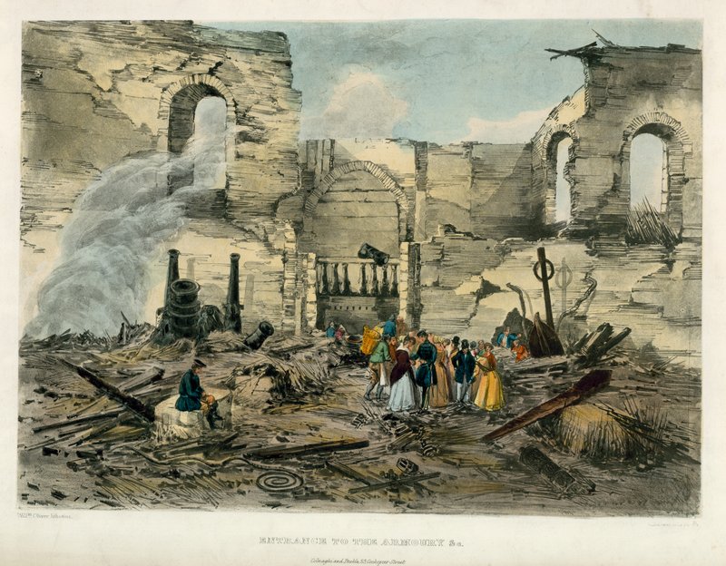 A fegyvertár bejárata, Tower of London Fire, 1841 alkotó: English School