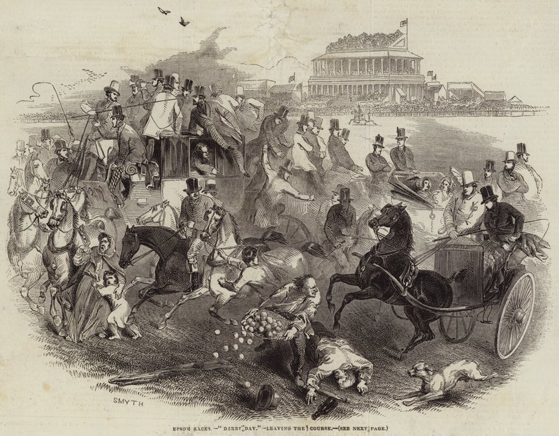 Epsom Races, "Derby Day", elhagyja a pályát (metszet) alkotó: English School