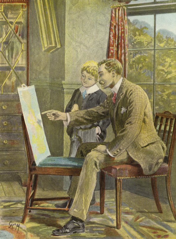 Eric és az apja egy folyóról csevegnek (színes litho) alkotó: English School