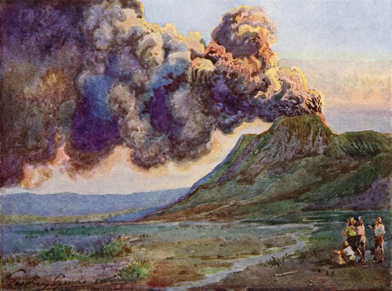 A Bromo-hegy kitörése, Jáva, Indonézia (színes litho) alkotó: English School