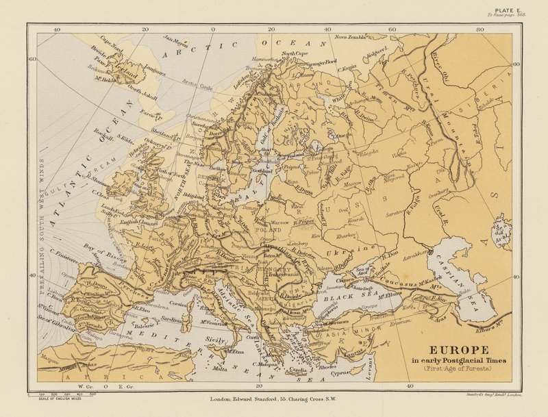 Európa a korai posztjégkorszakban (színes litográfia) alkotó: English School