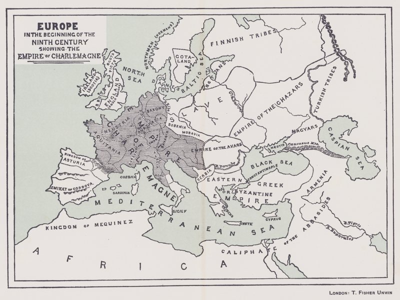 Európa, a kilencedik század elején, Nagy Károly birodalmát ábrázolva (színes litográfia) alkotó: English School