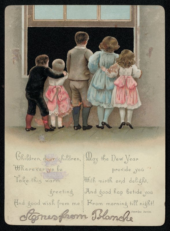 Izgatott gyerekek néz ki az ablakon, újévi üdvözlőlap. (chromolitho) alkotó: English School
