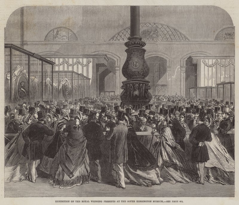 Királyi esküvői ajándékok kiállítása a South Kensington Múzeumban (metszet) alkotó: English School