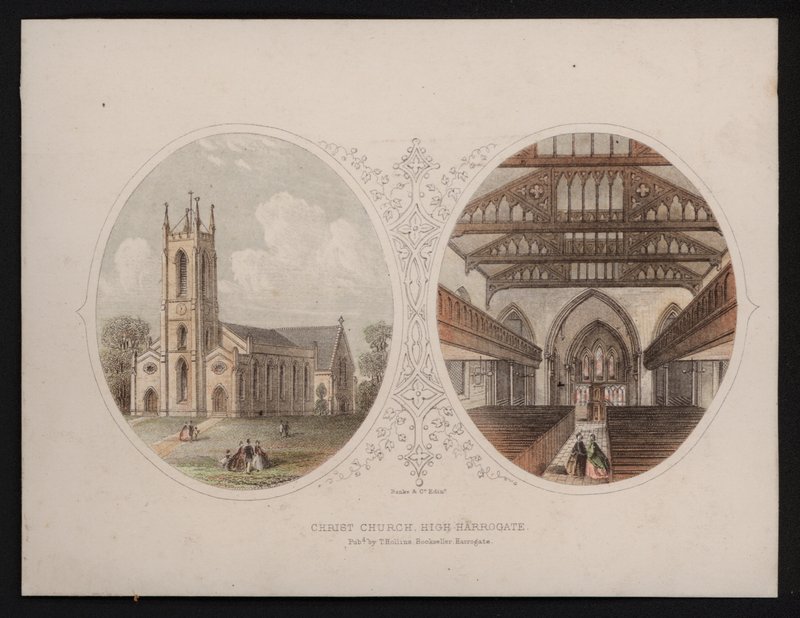 Christ Church külső és belső képe, Harrogate, Yorkshire (színes metszet) alkotó: English School