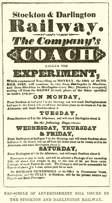 Fac-Simile of Advertisement Bill által kiadott Stockton and Darlington Railway alkotó: English School