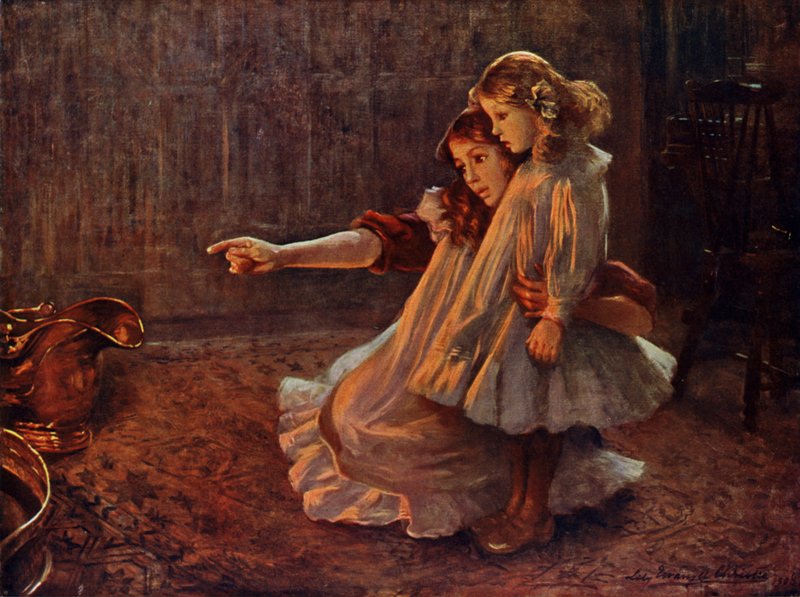 Arcok a lángokban: nő és gyermek néz a tűzbe (színes litó) alkotó: English School