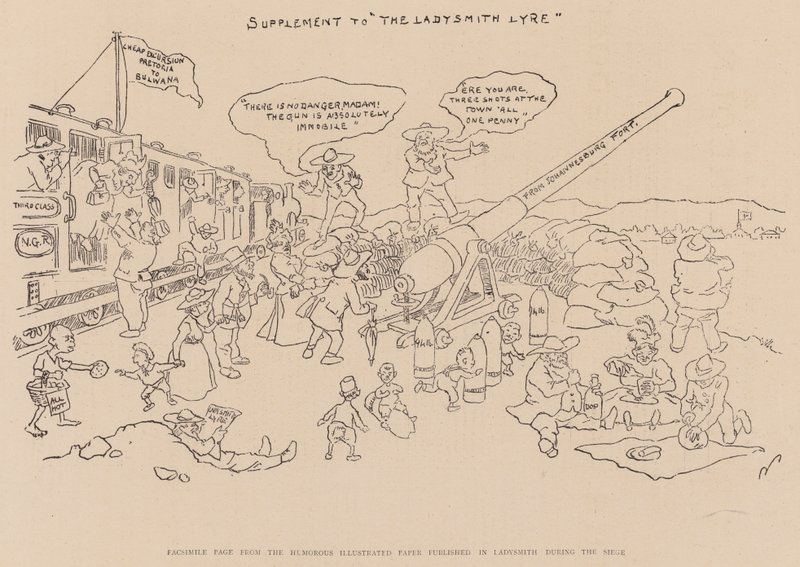 Fakszimile oldal a Ladysmithben az ostrom alatt megjelent humoros illusztrált újságból (litográfia) alkotó: English School