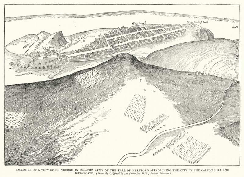 Edinburgh 1544-es látképe, Hertford grófjának serege közeledik a városhoz a Calton Hill és a Watergate mellett (metszet) (fakszimile) alkotó: English School
