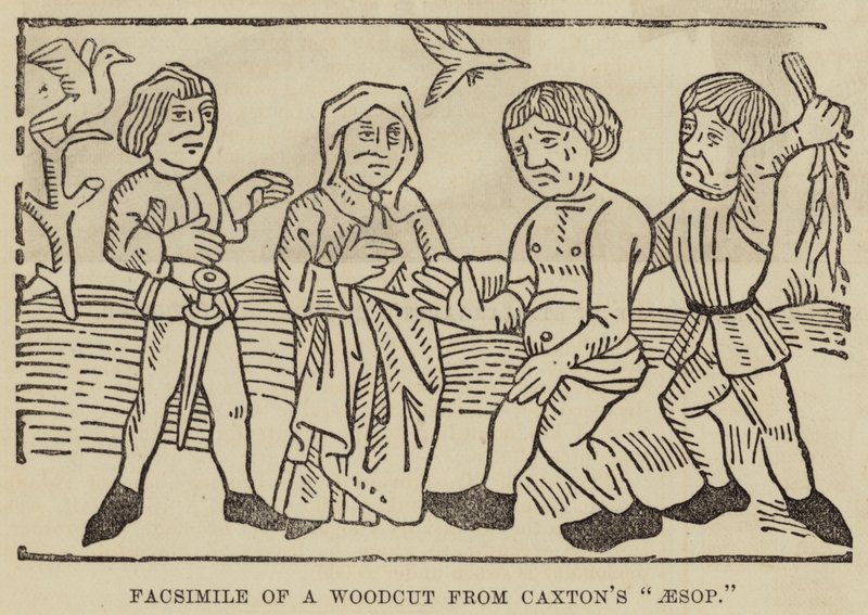 Fametszet fakszimile Caxton „Aesop” című művéből (metszet) alkotó: English School