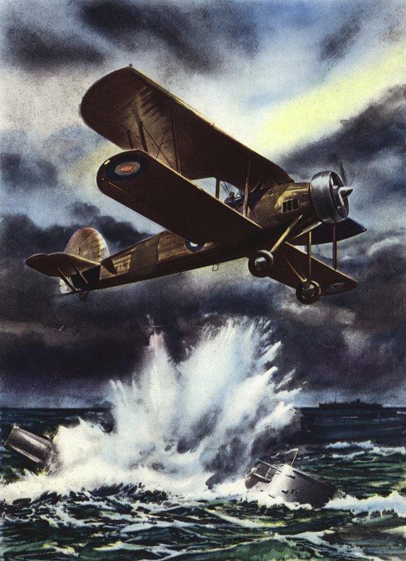 Fairey Swordfish elsüllyeszt egy tengeralattjárót az Északi-tengeren alkotó: English School