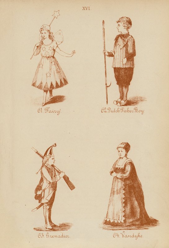 Jelmezes ruhák: Vandyke (litográfia): Tündér, holland halászfiú, gránátos, Vandyke (litográfia). alkotó: English School