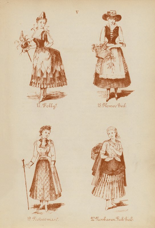 Jelmezes ruhák: Bolond, viráglány, bolondasszony, Newhaven-i halaslány (litográfia) alkotó: English School