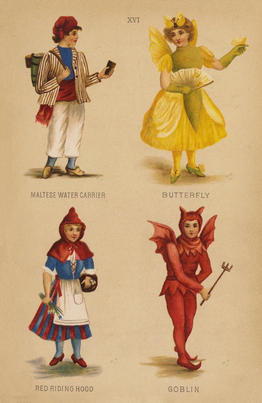 Jelmezes ruhák: Máltai vízhordó, Pillangó, Piroska, Manó (színes litográfia) alkotó: English School