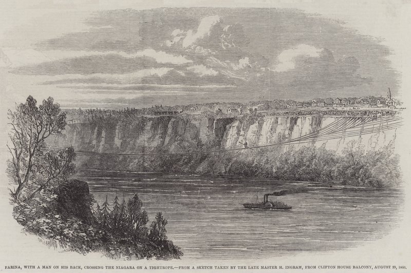 Farina, egy férfival a hátán, átkel a Niagarán egy kötélen, a Clifton House erkélyéről, 1860. augusztus 29. (metszet) alkotó: English School