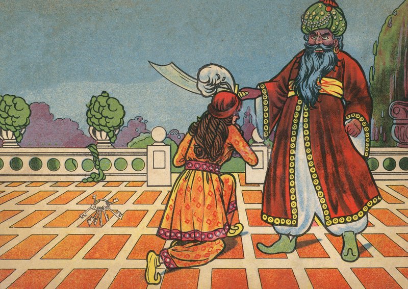 Fatima térdel Kékszakáll előtt (színes litográfia) alkotó: English School