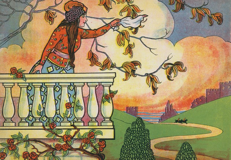 Fatima integet, hogy felhívja testvérei figyelmét (színes litográfia) alkotó: English School