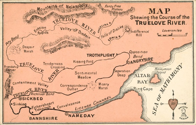 Kitalált térkép, amely a TrueLove folyó folyását ábrázolja (színes litó) alkotó: English School