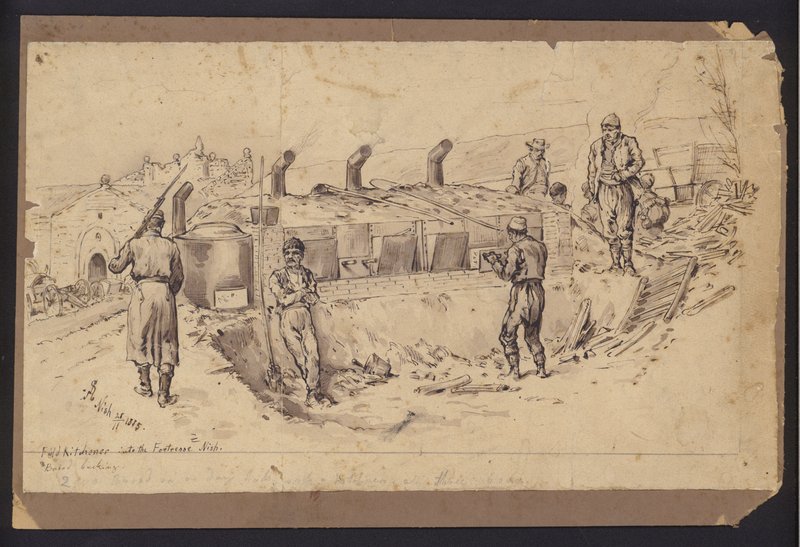 Terepi konyha Nis erődjébe, Szerbia, szerb-bolgár háború, 1885. november 28. (rajz) alkotó: English School