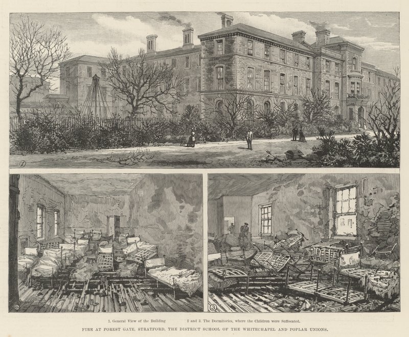 Tűz a Forest Gate-nél, Stratford, a Whitechapel Kerületi Iskola és a Poplar Unions (metszet) alkotó: English School