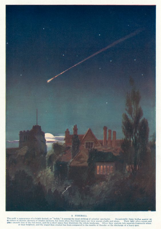 Tűzgolyó, amelyet a Föld légkörébe jutó nagy meteor okoz (színes litho) alkotó: English School