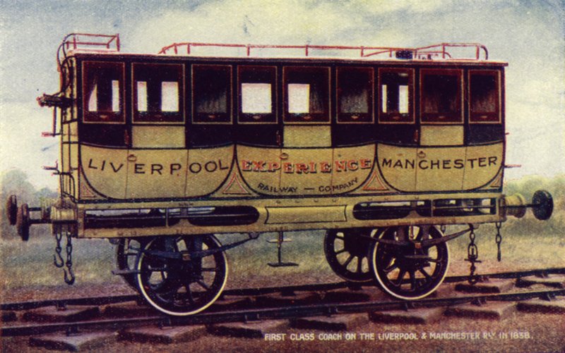 Első osztályú edző a liverpooli és manchesteri vasútnál 1838-ban (színes litó) alkotó: English School