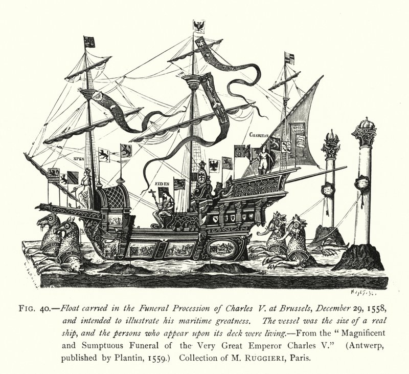 Úszó, amelyet V. Károly brüsszeli temetési menetén vittek, 1558. december 29-én, és célja tengeri nagyságának illusztrálása (metszet) alkotó: English School