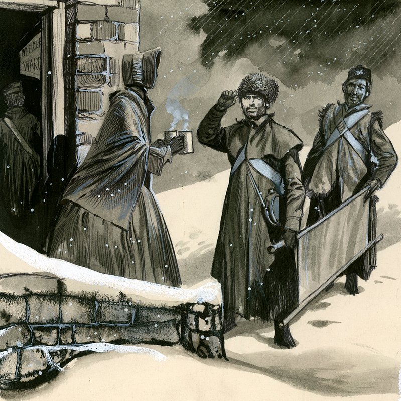 Florence Nightingale katonákat köszönt a hóban alkotó: English School