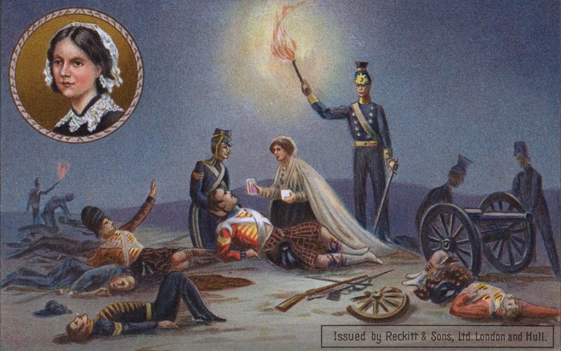 Florence Nightingale sebesült brit katonákat ápol a csatatéren, Krími háború alkotó: English School