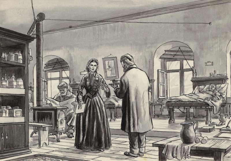 Florence Nightingale a scutari kórházban dolgozik (guache papíron) alkotó: English School