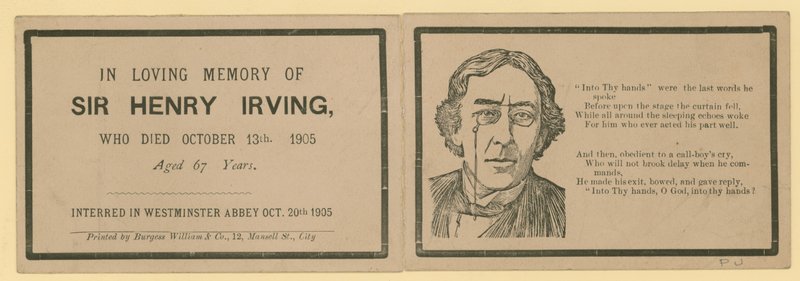 Összehajtható kártya Sir Henry Irving színész haláláról, aki 1905. október 13-án halt meg alkotó: English School