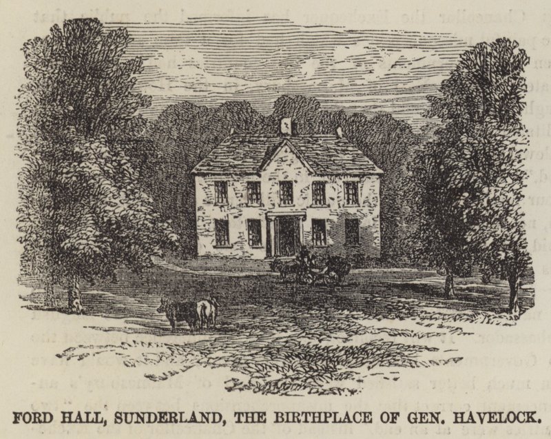 Ford Hall, Sunderland, Havelock tábornok szülőhelye (metszet) alkotó: English School