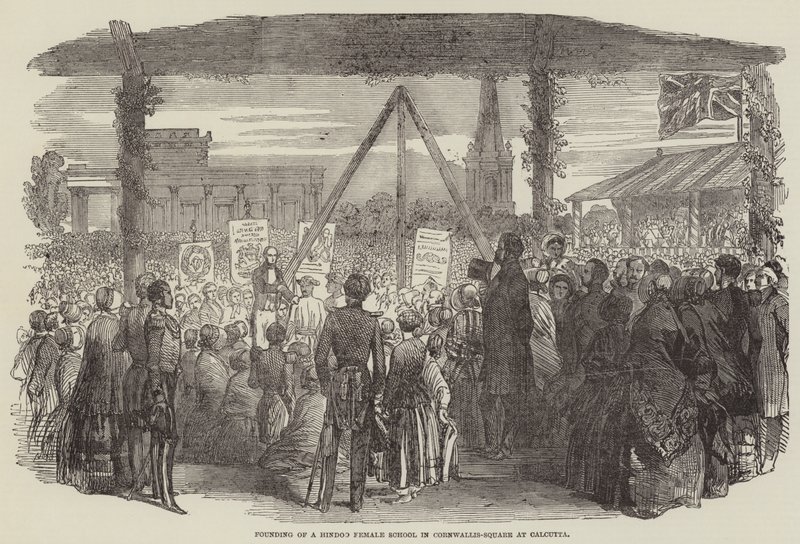 Hindu női iskola megalapítása a kalkuttai Cornwallis téren (metszet) alkotó: English School