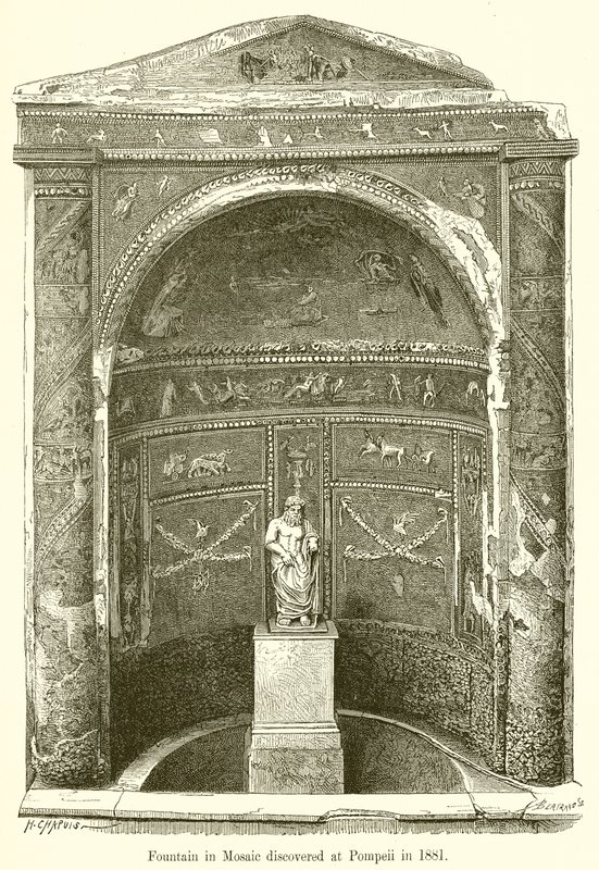 A mozaik szökőkutat 1881-ben fedezték fel Pompejiben alkotó: English School