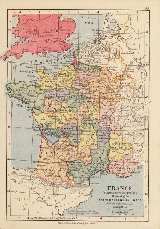 Franciaország, a normannoktól a Tudorokig, a francia és az angol háborúk illusztrálása (színes litográfia) alkotó: English School