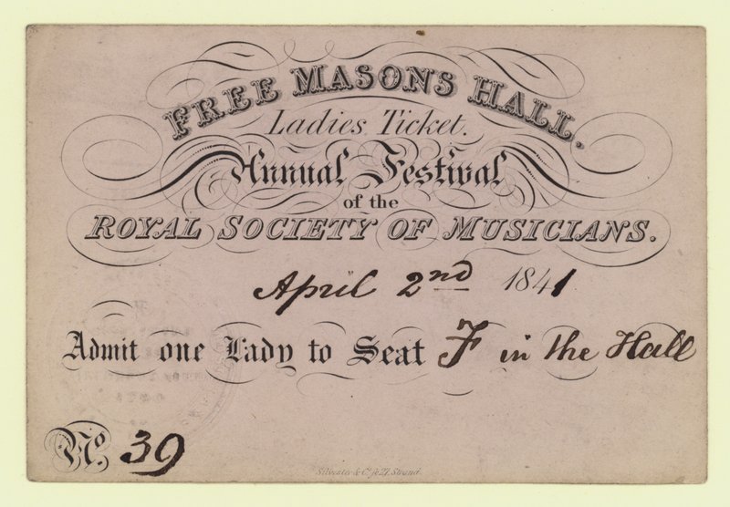 Ingyenes Masons Hall, női jegy, éves fesztivál, Royal Society of Musicians, 1841. április 2. alkotó: English School