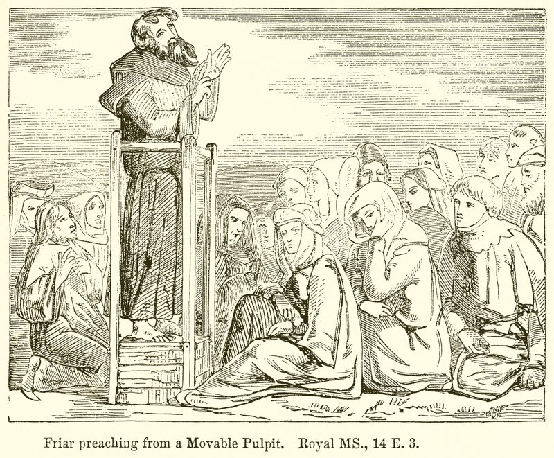Egy mozgó szószékről prédikál szerzetes. Royal MS., 14 E. 3 alkotó: English School