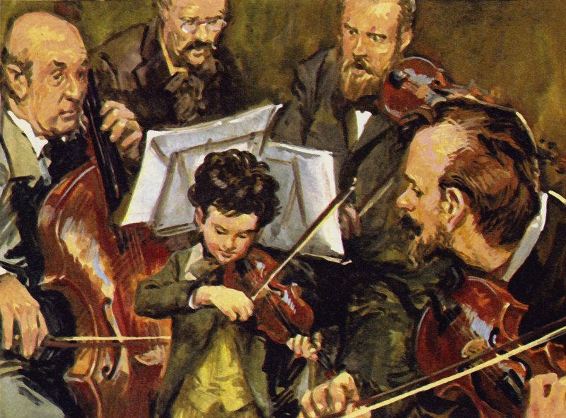 Fritz apai kvartettjével játszott egy miniatűr hegedűn alkotó: English School