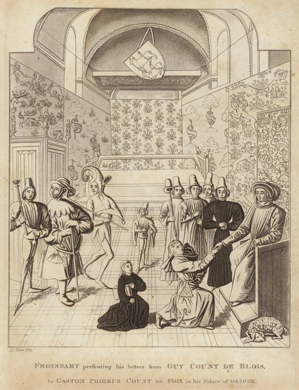 Froissart bemutatja Guy Court de Blois leveleit Gaston Phoebus de Foix grófnak Orthez palotájában alkotó: English School