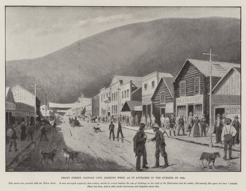 Front Street, Dawson City, nyugat felé néz, ahogyan 1898 nyarán megjelent (metszet) alkotó: English School