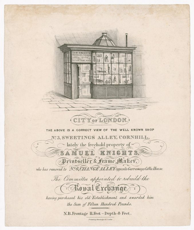 A 3. szám eleje, Sweetings Alley, Cornhill, nemrégiben Samuel Knights, a nyomdakereskedő és a keretkészítő tulajdona alkotó: English School