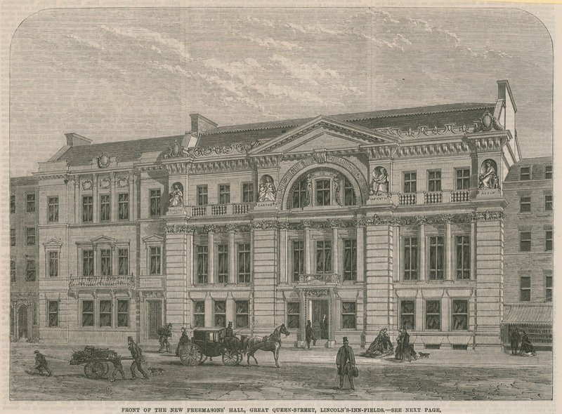 Az új Freemasons Hall előtt, Great Queen Streeten, Lincolns Inn Fieldben, Londonban alkotó: English School