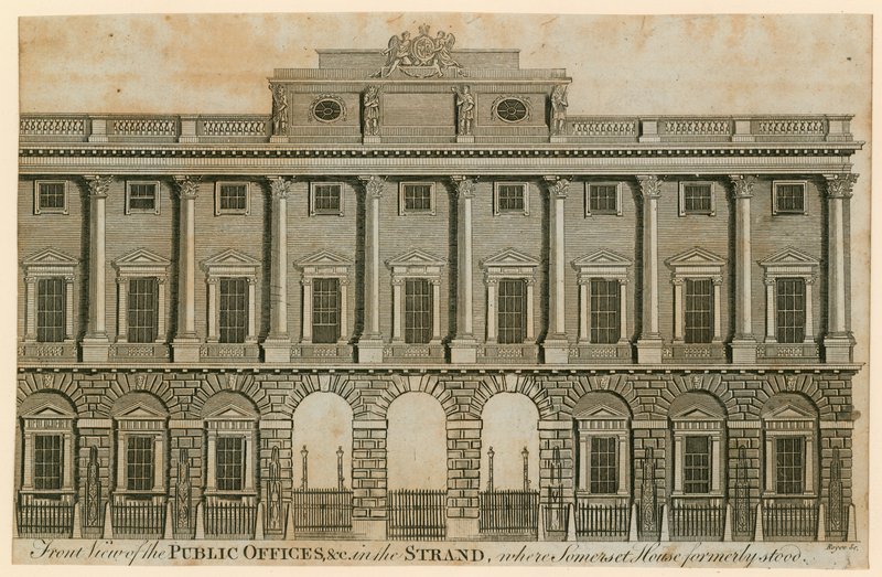 A közhivatalok elölnézete a Strandben, ahol korábban a Somerset House állt alkotó: English School