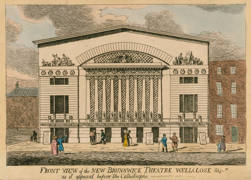 Az új Brunswick Színház elölnézete, a Wellclose Square, London, ahogyan a katasztrófa előtt látszott alkotó: English School