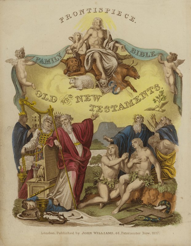 Előlap egy családi Bibliából (színes litó) alkotó: English School