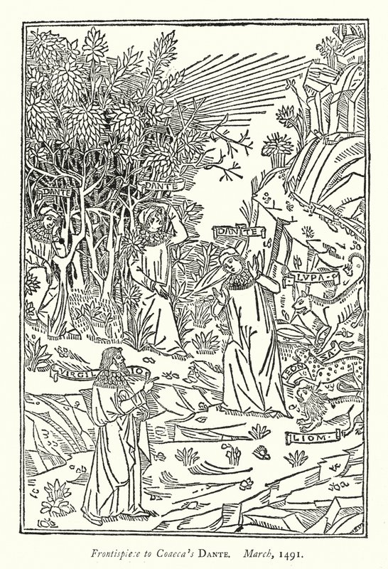 Coaeca Dante című művének címlapja, 1491. március (metszet) alkotó: English School