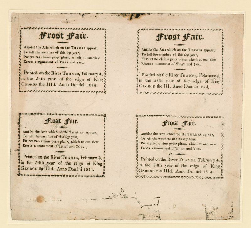 1814-es fagyvásár. Jégre nyomtatott szuvenírek alkotó: English School