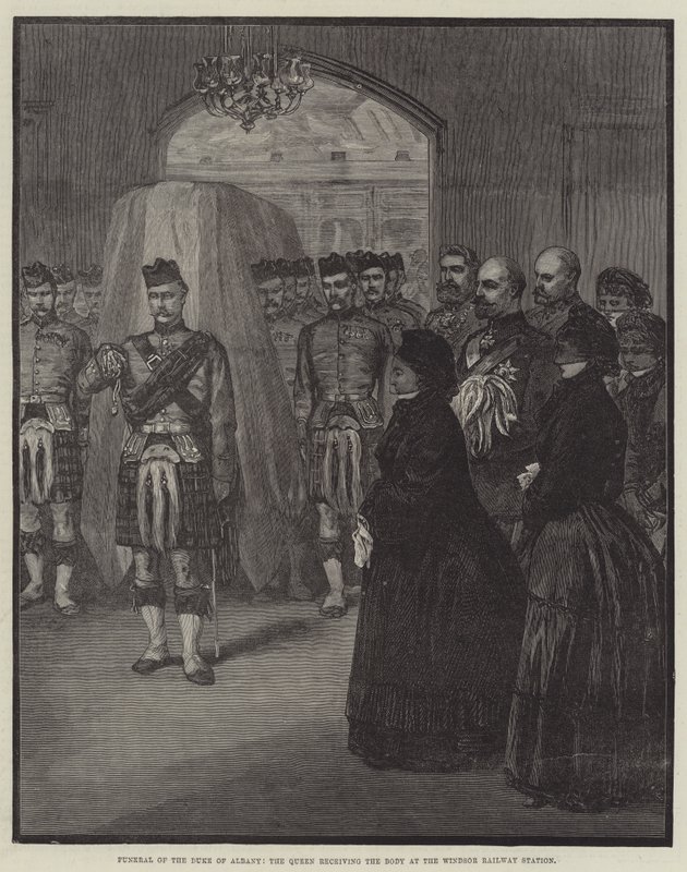 Albany hercegének, a holttestet átvevő királynőnek temetése a windsori pályaudvaron (metszet) alkotó: English School