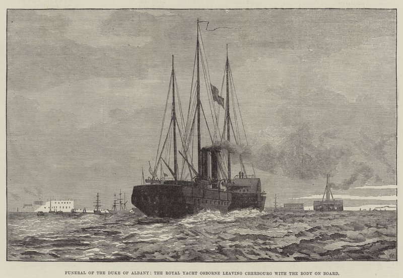 Albany hercegének temetése, az Osborne királyi jacht, a holttesttel a fedélzeten elhagyva Cherbourgot (metszet) alkotó: English School
